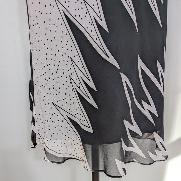 Y2K Silk Midi Dress 6 Black White Polka Dot Bias Zig Zag Glam Summer Cocktail - Picture 2 of 12